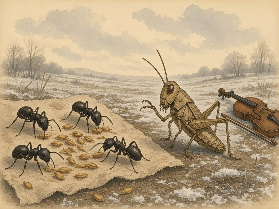 On frosty, snow-flecked ground, four ants spread wheat to dry on a cloth while a thin, starving grasshopper, his fiddle and bow lying on the frost, raises his front legs to beg for food.