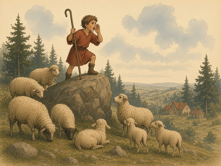 On a rocky upland pasture edged with pines, a shepherd boy stands on a boulder and shouts toward a village in the valley, among grazing and resting sheep and lambs.