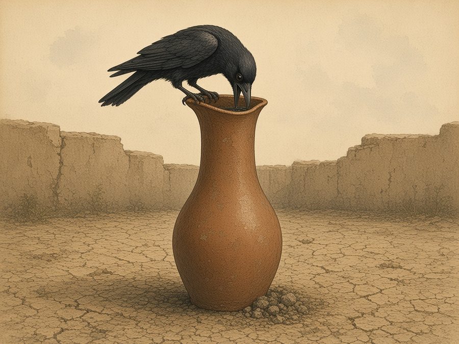 In a sun-baked courtyard of cracked earth, a black crow perched on the rim of a tall clay pitcher peers down into its narrow neck, beside a small heap of pebbles.