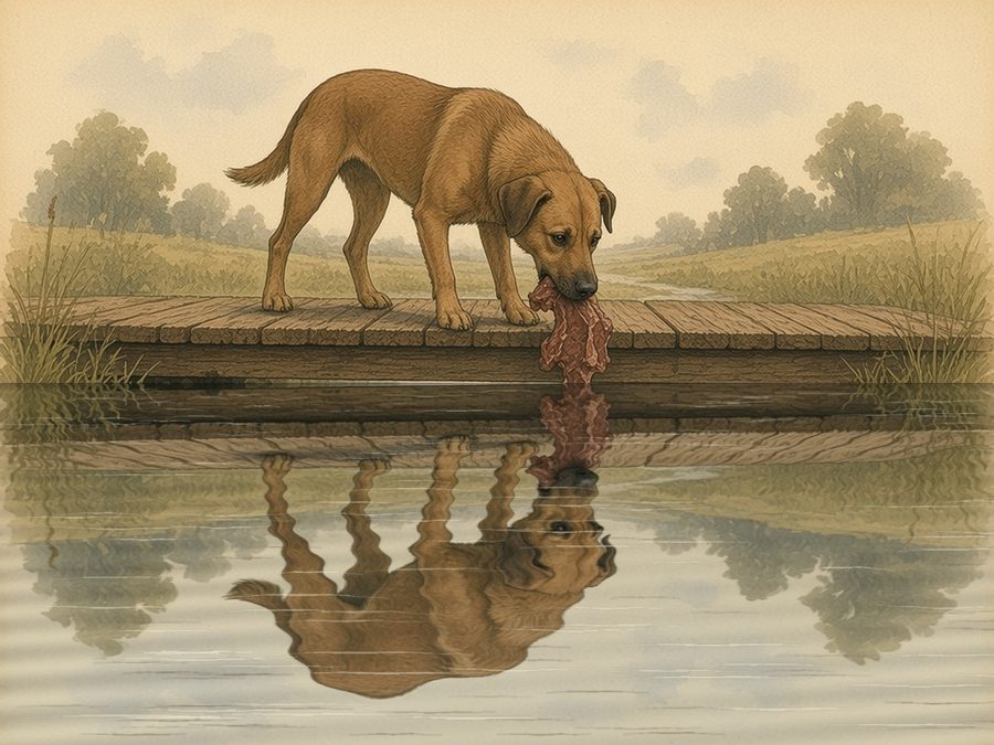 A brown dog on a plank footbridge over a stream holds a piece of meat in his jaws and stares down at his reflection, broken by ripples in the water below.