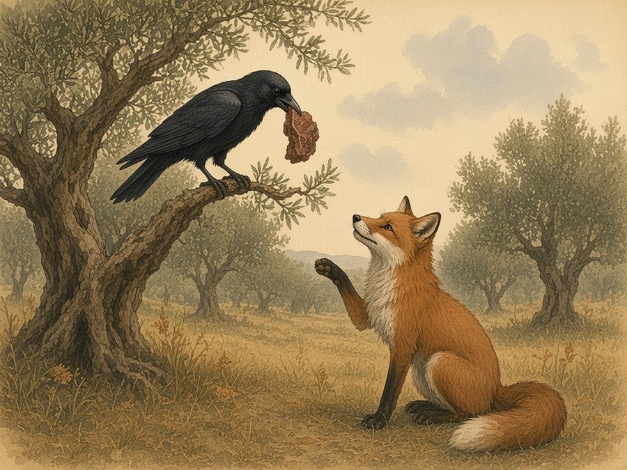 In an olive grove, a black crow on a branch holds a rough scrap of meat in her beak while a red fox sits below, raising a paw and praising her.