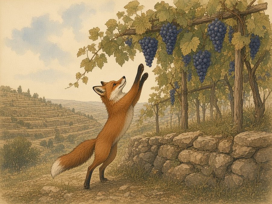 In a terraced hillside vineyard, a red fox rears up on his hind legs toward bunches of ripe black grapes hanging from a high pergola, just out of reach.