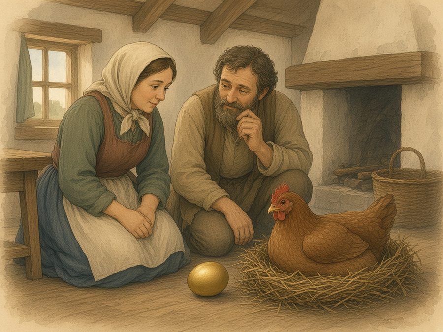 Inside a humble cottage, a cottager and his wife kneel and gaze thoughtfully at a golden egg lying beside a brown hen on her straw nest.