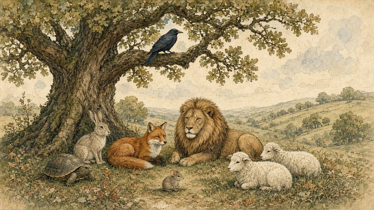 Storybook illustration of fable animals resting beneath an old oak: a tortoise, a hare, a fox, a lion, a mouse, sheep, and a crow on a branch.