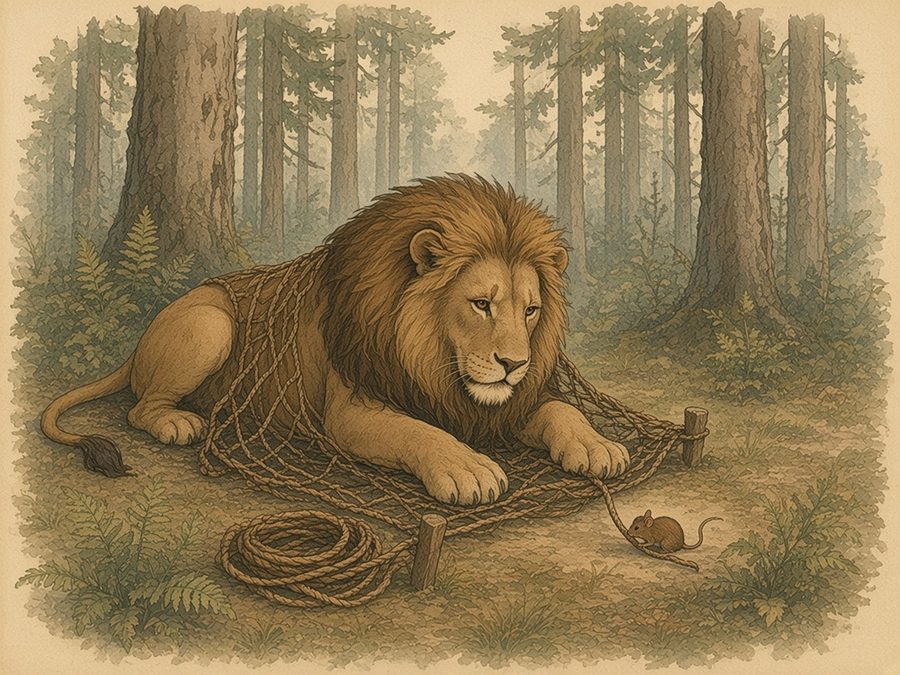 In a forest of tall trunks and ferns, a great lion lies caught in a hunter’s rope net while one small mouse gnaws through a rope.