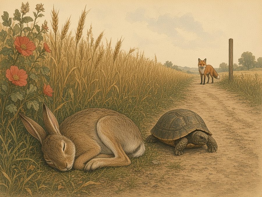 On a lane between wheat fields, a hare sleeps on the grassy verge while a tortoise plods past toward a fox waiting beside a wooden goal post.