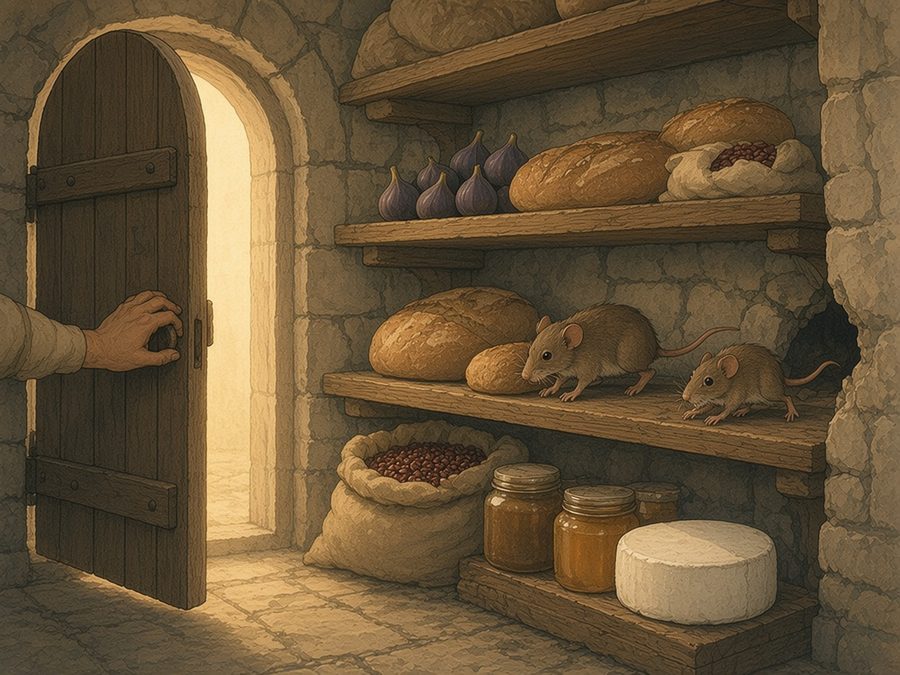 In a town larder full of jars, figs, bread and cheese, two small brown mice on a shelf start to flee as the door swings open and a hand reaches in.