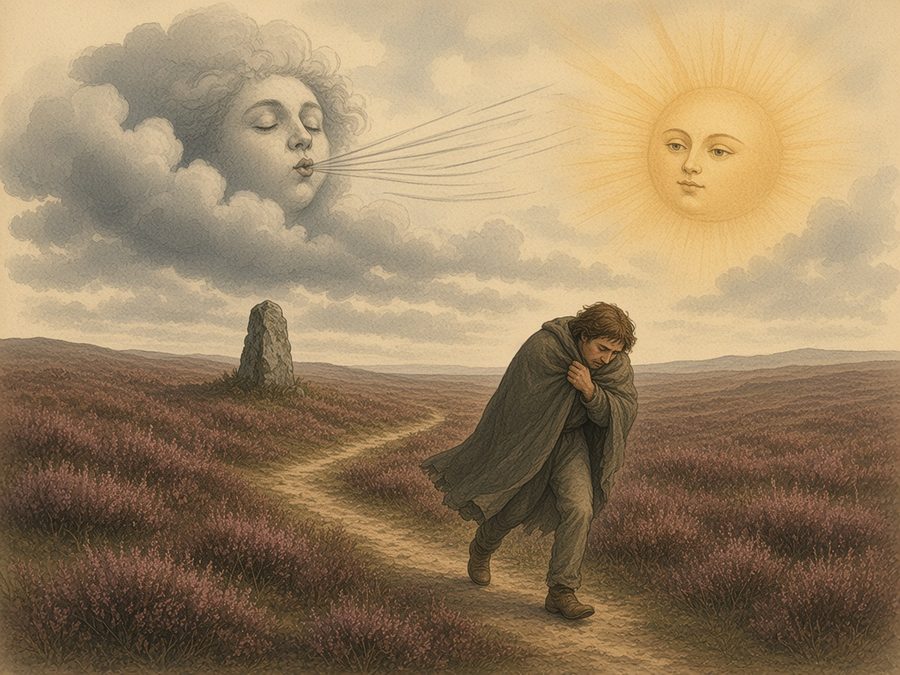 On a heather moor beside a standing stone, a traveler clutches his cloak as the North Wind, a face in a storm cloud, blows hard and the calm Sun shines on the other side.