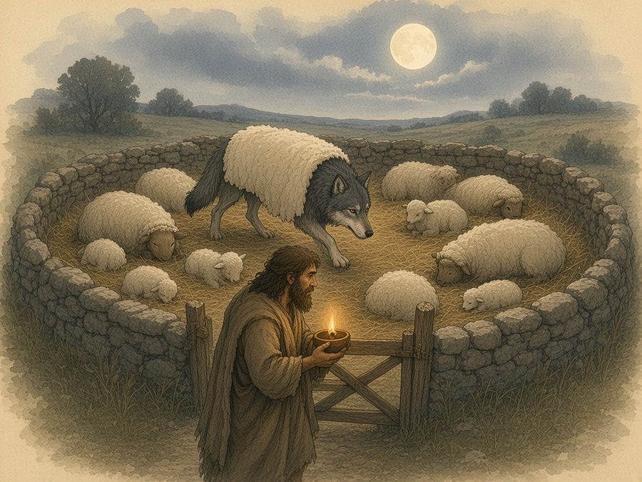 In a stone sheepfold under a full moon, a grey wolf with a sheepskin draped over his back walks among sleeping sheep and lambs as a shepherd holding a clay oil lamp looks in at the gate.