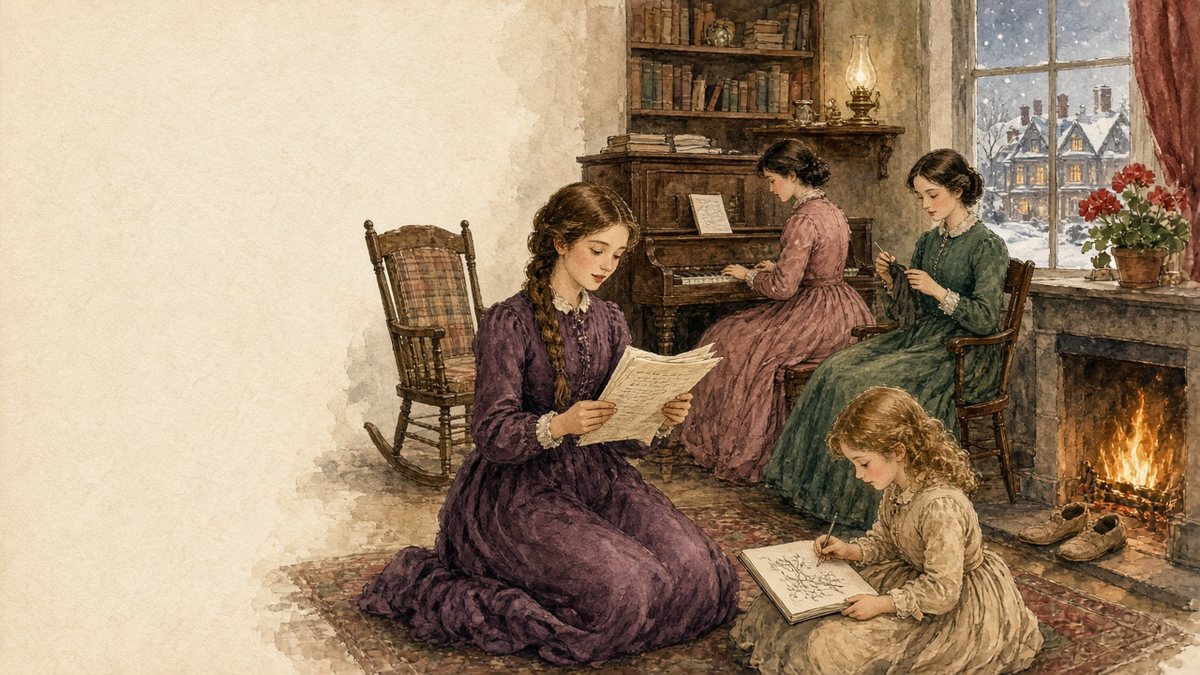 Watercolor of four sisters in 1860s dresses in a cozy parlor on a snowy evening, reading, playing piano, knitting and sketching.