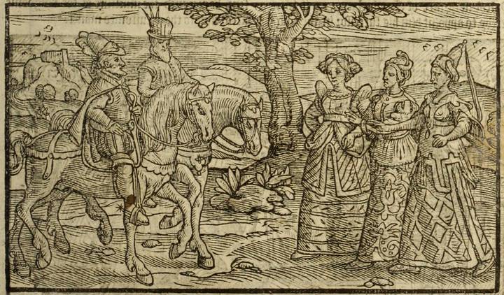 Woodcut from Holinshed’s Chronicles: Macbeth and Banquo on horseback meet three women in fine gowns beside a tree