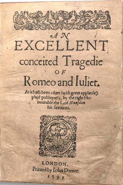 Title page of the 1597 first printing: An Excellent conceited Tragedie of Romeo and Iuliet, printed in London by John Danter