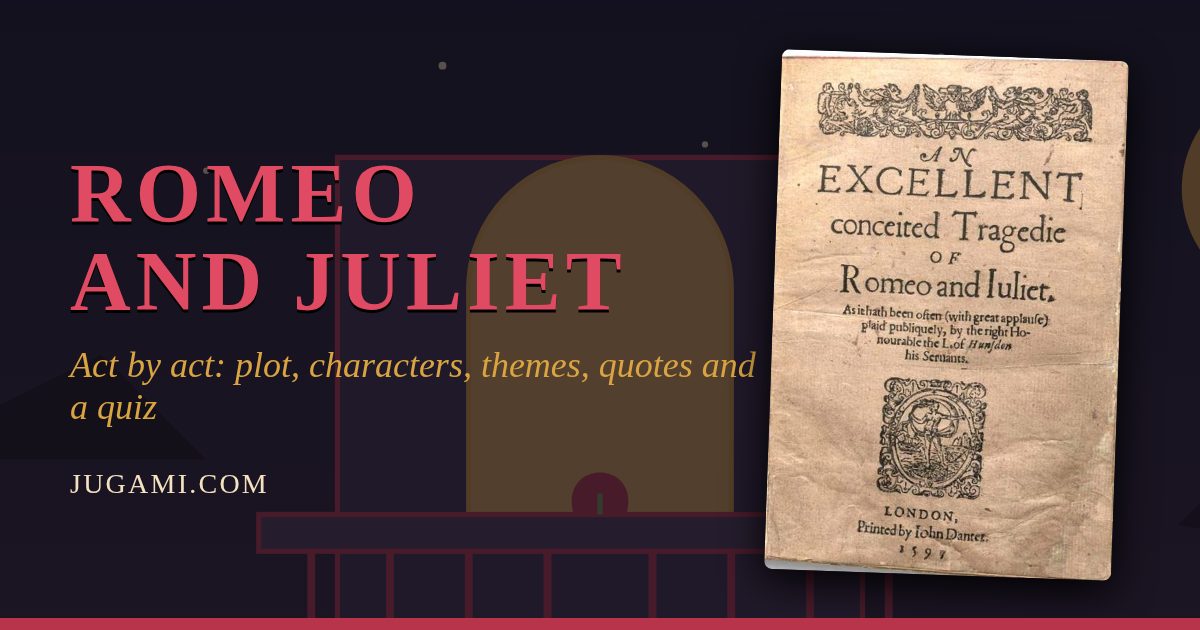 Moonlit balcony beside the 1597 title page of Romeo and Juliet
